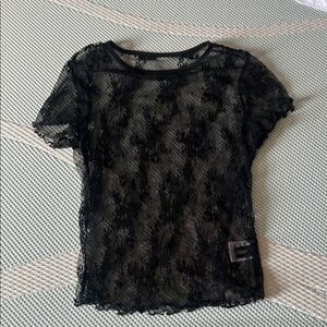 Black lace mesh top - size medium, stretchy, lettuce edged